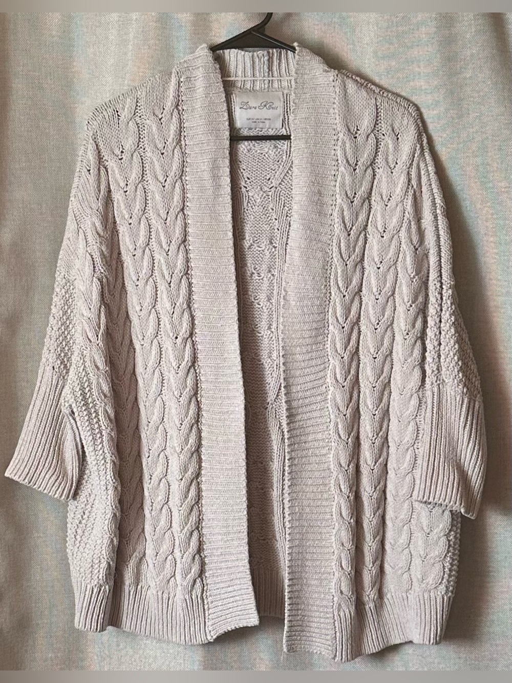 Zara•cable-knit open-front cardigan•medium•drop shoulder 3/4 sleeve•sandstone